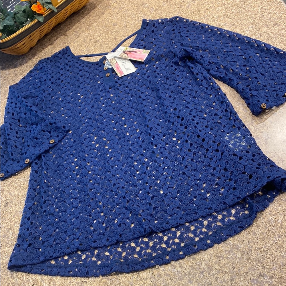 NWT Simply Noelle Open Weave Cross Back Top Blue S/M 8-10 - Picture 1 of 15